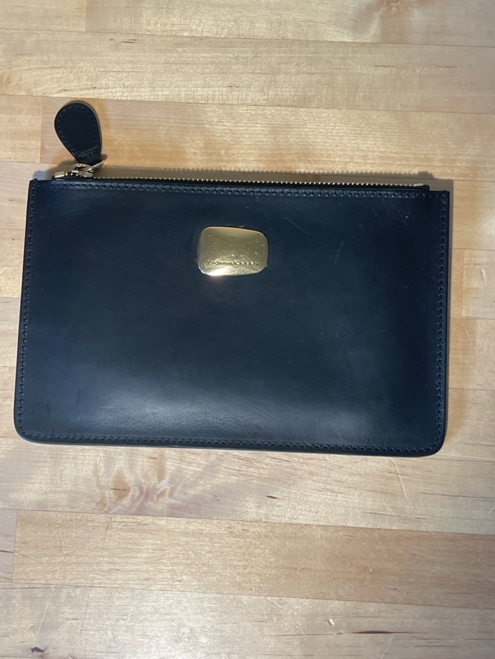 Donna Karan Vintage Black Leather Zipper Pouch Gold Tone Hardware Clutch
